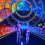 New Horizons is a uv (ultraviolet) blacklight fluorescent and glow-in-the-dark phosphorescent afterglow psychedelic spiritual visionary fantasy fine art backdrop painting by symeon nostrakis of 333artworks/tripleviewart, and depicting mystery, magic, alchemy, a couple walking together (union of the opposites), amanita (fly agaric) mushrooms, a triple circular rainbow, the eye of horus/eye of ra/wedjat as the third eye/3rd eye, jupiter, and the elements earth, water, air, fire, and space with stars (available on posters, postcards, t-shirts, backdrops/banners)
