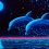 Two Dolphins is a uv (ultraviolet) blacklight fluorescent and glow-in-the-dark phosphorescent afterglow psychedelic spiritual visionary fantasy fine art backdrop painting by symeon nostrakis of 333artworks/tripleviewart, and depicting 2 dolphins jumping from the sea water, against a starry night and a fullmoon. the seascape binds in harmony with the moon, the space and the stars (available on posters, postcards, t-shirts, backdrops/banners)