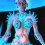 B.I.O.mechanoid is a uv (ultraviolet) blacklight fluorescent and glow-in-the-dark phosphorescent afterglow psychedelic spiritual visionary fantasy fine art backdrop painting by symeon nostrakis of 333artworks/tripleviewart, and depicting a mystery scifi/sci-fi/science fiction theme: a cyborg transhuman biomechanoid bionic female from space (available on posters, postcards, t-shirts, backdrops/banners)
