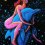 Dolphin Girl is a uv (ultraviolet) blacklight fluorescent and glow-in-the-dark phosphorescent afterglow psychedelic spiritual visionary fantasy fine art backdrop painting by symeon nostrakis of 333artworks/tripleviewart, and depicting a female riding a dolphin jumping out of the sea water against a starry night, the moon, the stars, and space (available on posters, postcards, t-shirts, backdrops/banners)
