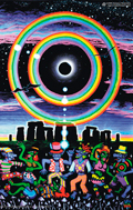 Eclipse Over Stonehenge is a uv (ultraviolet) blacklight fluorescent and glow-in-the-dark phosphorescent afterglow psychedelic spiritual visionary fantasy fine art backdrop painting by symeon nostrakis of 333artworks/tripleviewart, and depicting a mystery tribal party of pixies/elf/elves/goblins dance on magic psylocybin mushrooms growing form the earth in stonehenge landscape, and a double circular rainbow and stars around a total eclipse